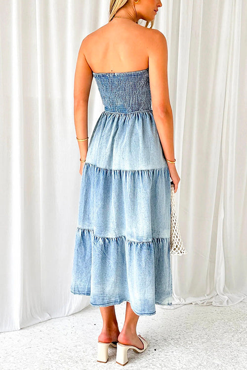 Strapless Tube Side Slit Ruffle Tiered Denim Dress