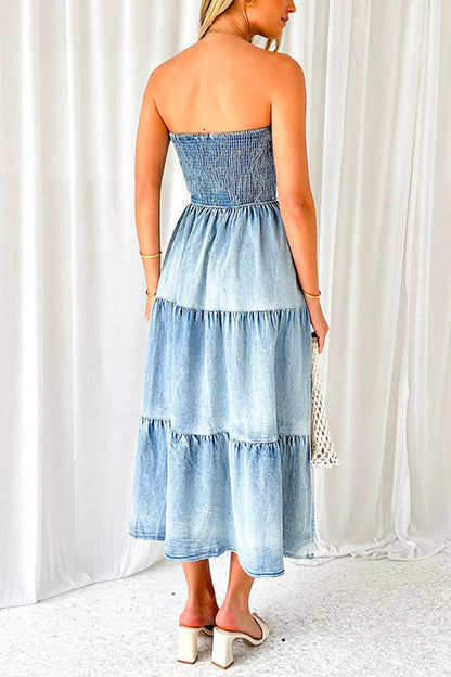 Strapless Tube Side Slit Ruffle Tiered Denim Dress