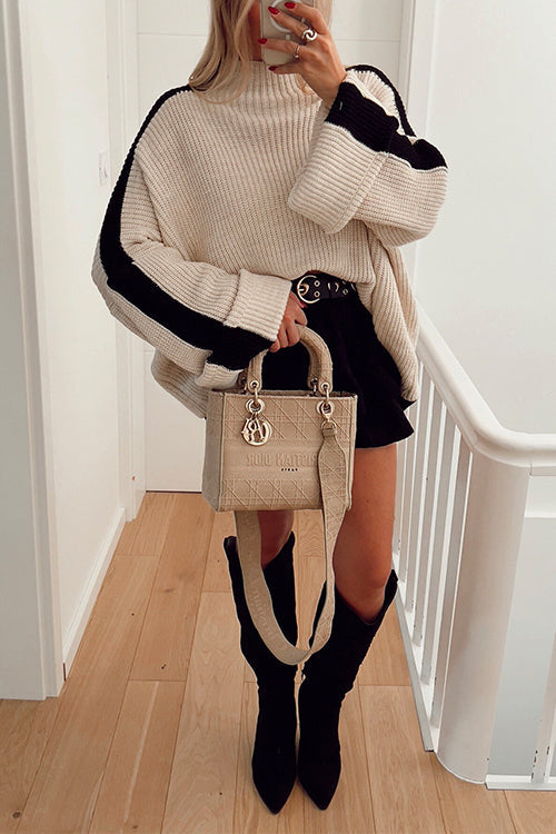 Turtleneck Color Block Ribbed Knit Loose Sweater