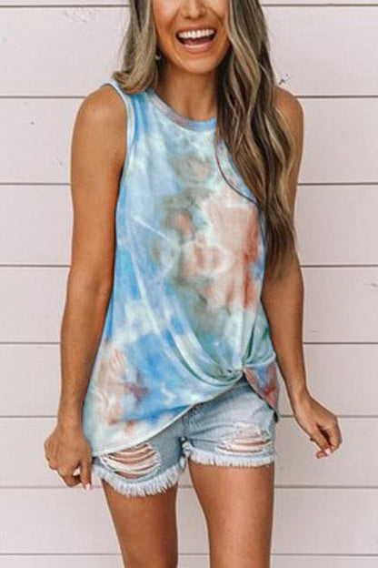 Tie Dye Twist Knot Front Sleeveless Top