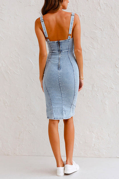 U Neck Adjustable Straps Slit Denim Bodycon Cami Dress