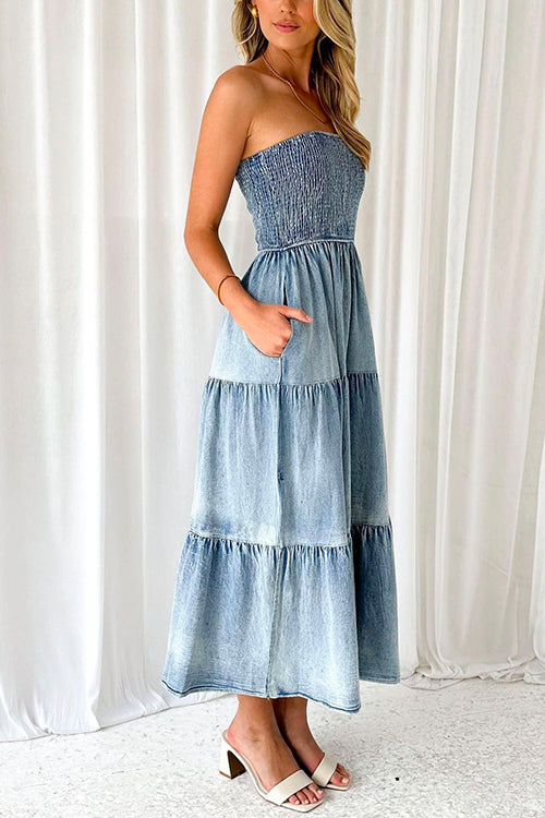 Strapless Tube Side Slit Ruffle Tiered Denim Dress