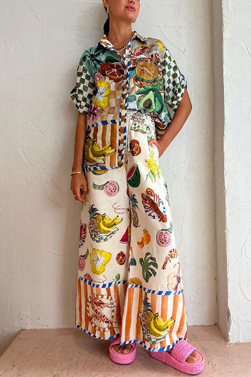 Cotton Linen Short Sleeves Shirt Wide Leg Pants Fruit Printed Set