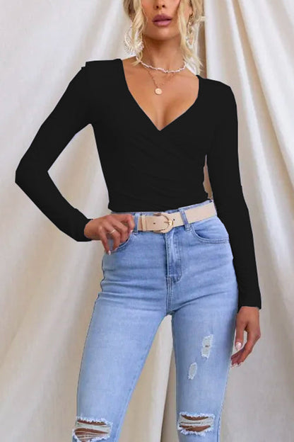 Wrap V Neck Long Sleeves Slim Fit Bottoming Top