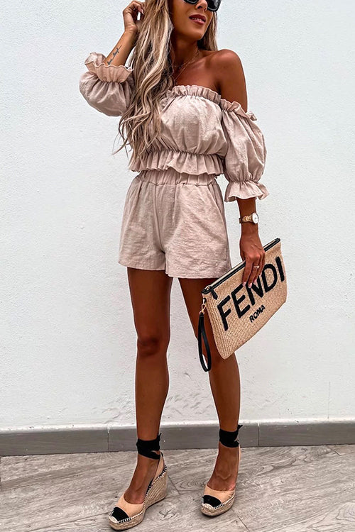 Ruffle Off Shoulder Short Sleeves Crop Top Elastic Waist Shorts Set
