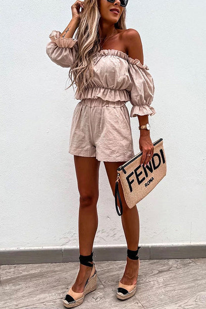 Ruffle Off Shoulder Short Sleeves Crop Top Elastic Waist Shorts Set