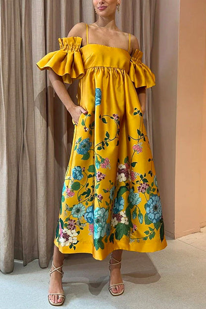 Cold Shoulder Ruffle Sleeves Bow Knot Back Floral Maxi Dress