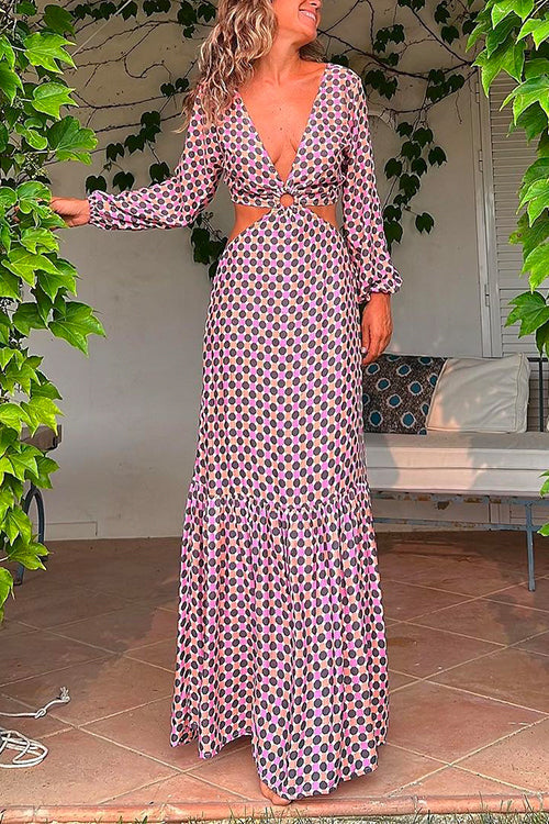 Deep V Neck Tie Back Cut Out Polka Dot Maxi Ruffle Dress