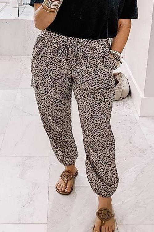 Tie Knot Waist Leopard Pants with Pockets