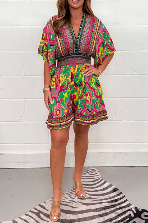 V Neck High Waist Wide Leg Printed Ruffle Romper