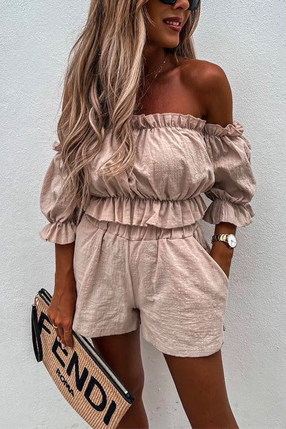 Ruffle Off Shoulder Short Sleeves Crop Top Elastic Waist Shorts Set