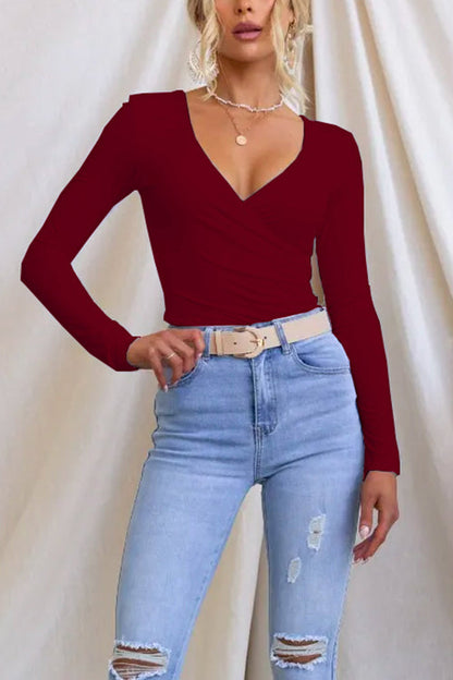 Wrap V Neck Long Sleeves Slim Fit Bottoming Top