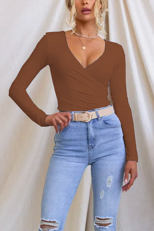 Wrap V Neck Long Sleeves Slim Fit Bottoming Top