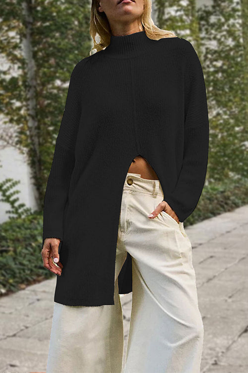 Mockneck Drop Shoulder Slit Front Loose Sweater