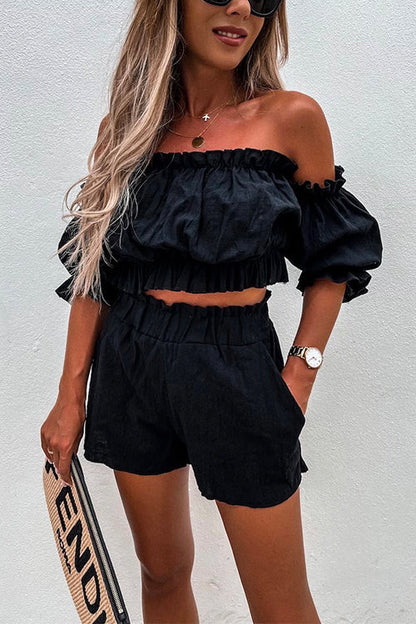 Ruffle Off Shoulder Short Sleeves Crop Top Elastic Waist Shorts Set