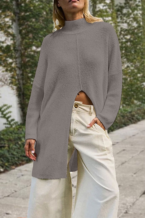 Mockneck Drop Shoulder Slit Front Loose Sweater