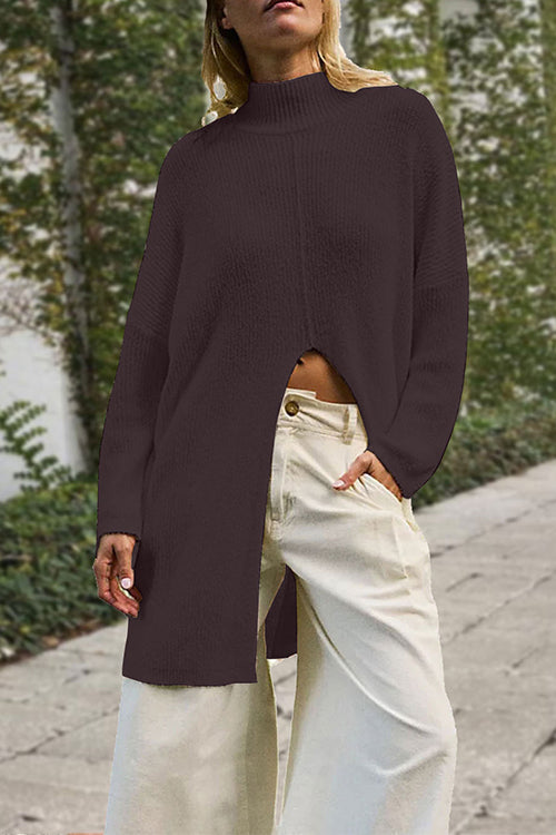 Mockneck Drop Shoulder Slit Front Loose Sweater
