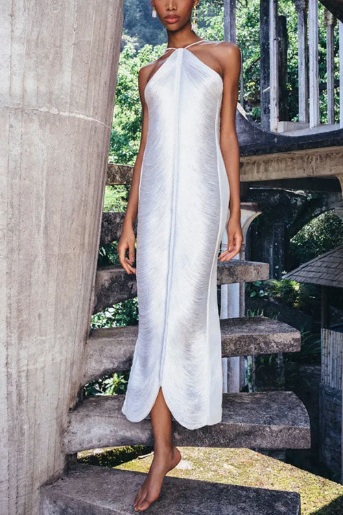 Chicest Halter Draped Fringe Maxi Party Dress