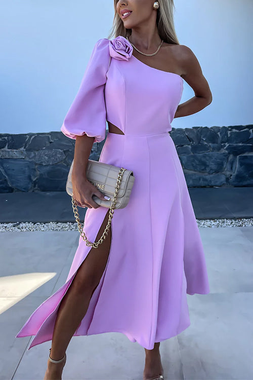 3D Rose One Shoulder Cut Out Waist Slit Midi Satin Dress