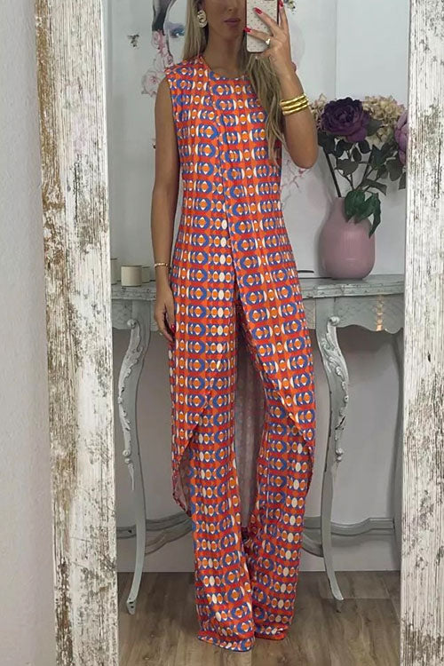 Printed High Slit Long Tank Top and Bell Bottoms Pants Set