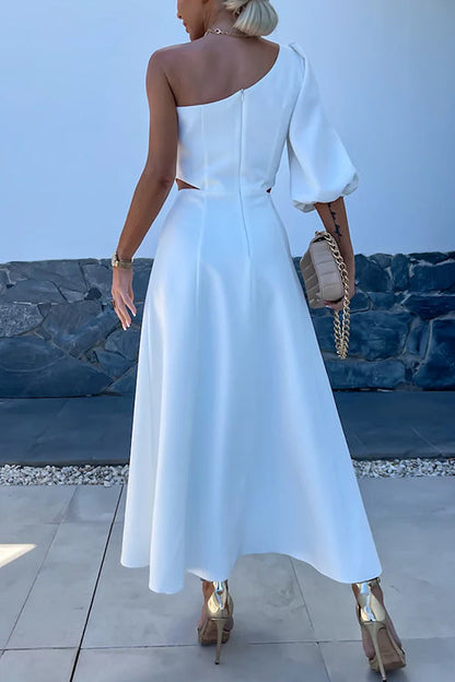 3D Rose One Shoulder Cut Out Waist Slit Midi Satin Dress