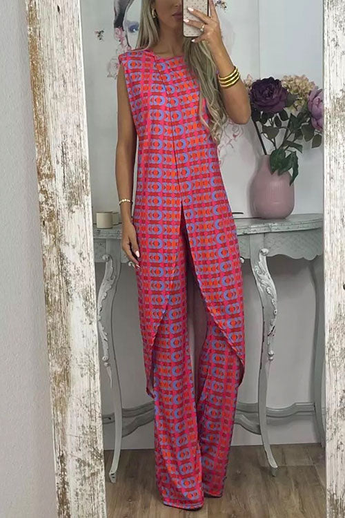 Printed High Slit Long Tank Top and Bell Bottoms Pants Set