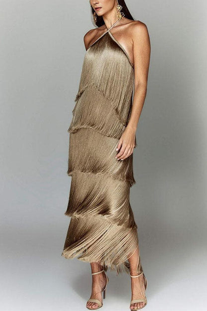 Chicest Halter Ruffle Layered Fringe Maxi Party Dress
