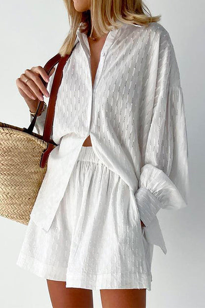 Bubble Long Sleeve Blouse Shirt Wide Leg Shorts Set