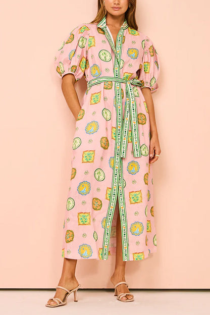 Lantern Sleeves Button Down Tie Waist Printed Midi Shirt Dress
