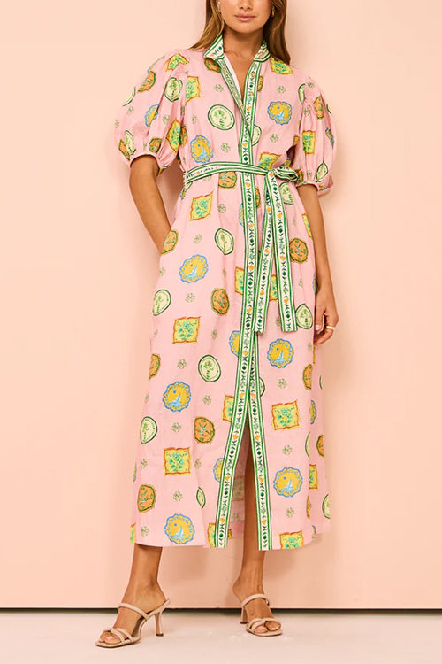 Lantern Sleeves Button Down Tie Waist Printed Midi Shirt Dress