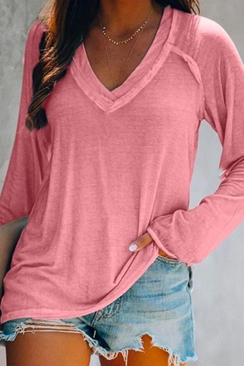 V Neck Long Sleeves Solid T Shirt