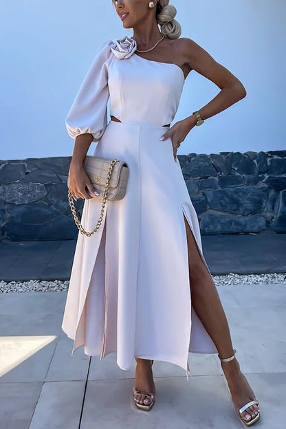 3D Rose One Shoulder Cut Out Waist Slit Midi Satin Dress