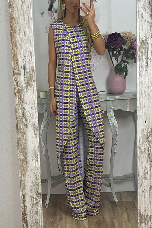 Printed High Slit Long Tank Top and Bell Bottoms Pants Set