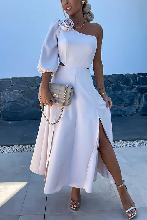 3D Rose One Shoulder Cut Out Waist Slit Midi Satin Dress