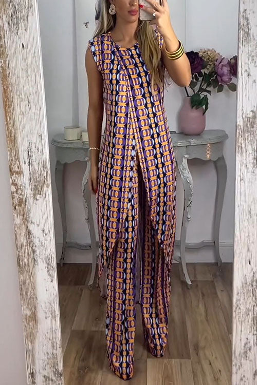 Printed High Slit Long Tank Top and Bell Bottoms Pants Set