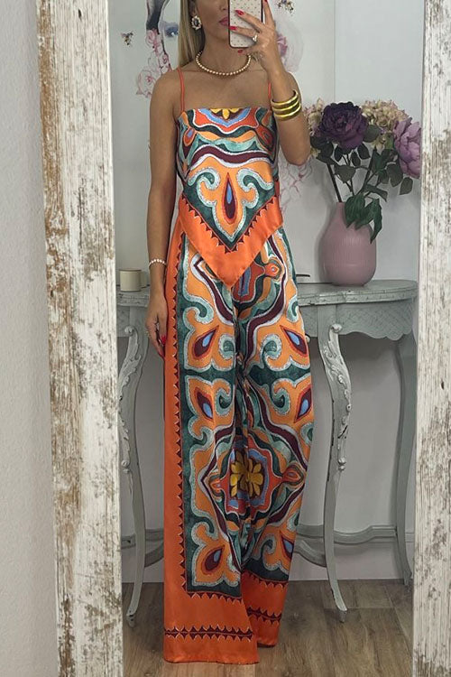 Tie Back Irregular Cami Top Wide leg Pants Printed Set
