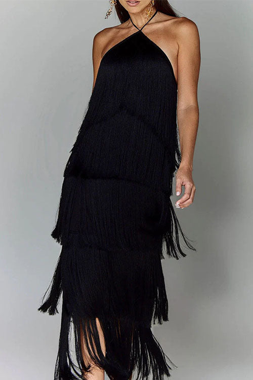 Chicest Halter Ruffle Layered Fringe Maxi Party Dress