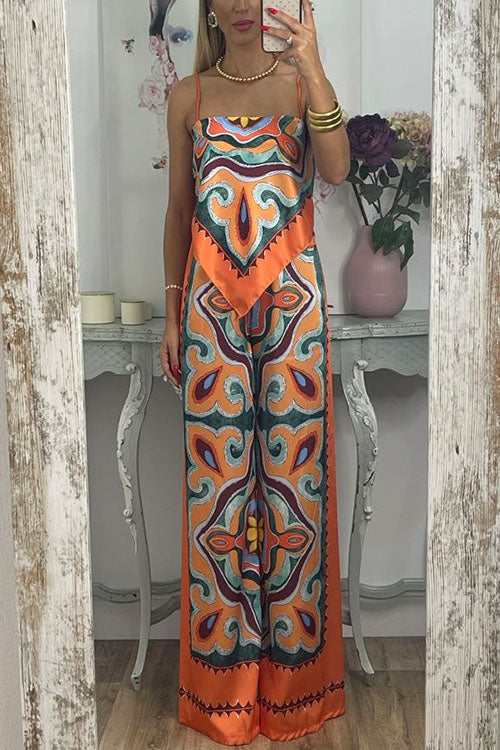 Tie Back Irregular Cami Top Wide leg Pants Printed Set