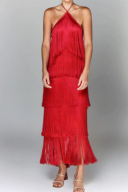 Chicest Halter Ruffle Layered Fringe Maxi Party Dress