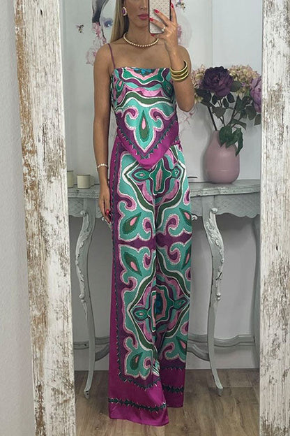 Tie Back Irregular Cami Top Wide leg Pants Printed Set