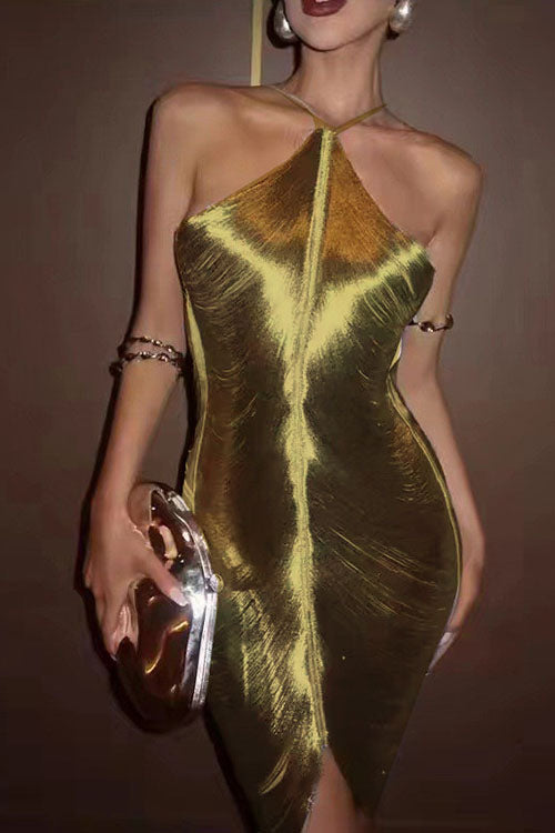 Chicest Halter Draped Fringe Mini Party Dress