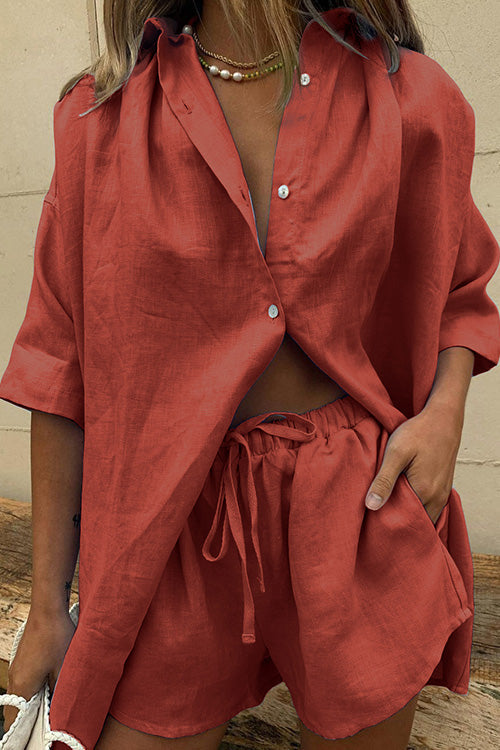 Half Sleeve Button Down Top and Tie Waist Shorts Solid Set