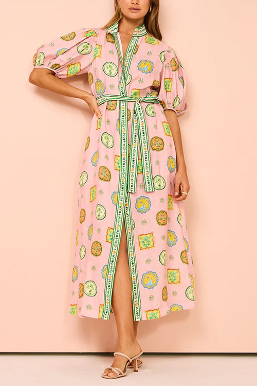 Lantern Sleeves Button Down Tie Waist Printed Midi Shirt Dress