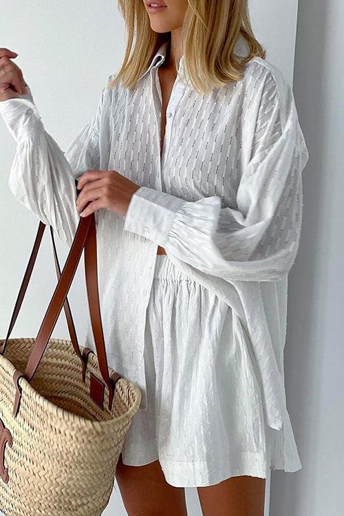 Bubble Long Sleeve Blouse Shirt Wide Leg Shorts Set