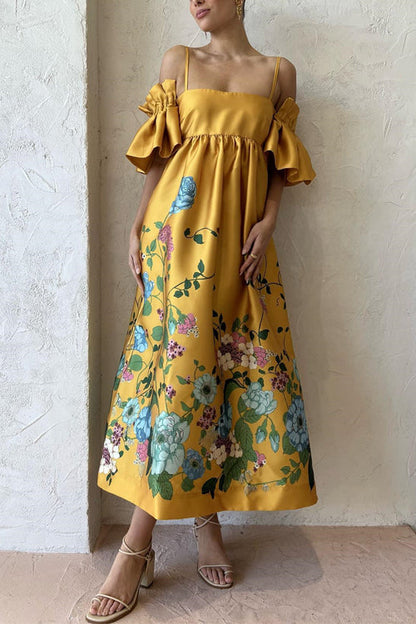 Cold Shoulder Ruffle Sleeves Bow Knot Back Floral Maxi Dress