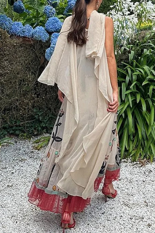 Spaghetti Strap Printed Chiffon Ruffle Maxi Dress