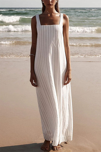 Square Collar Striped Maxi Cami Beach Dress
