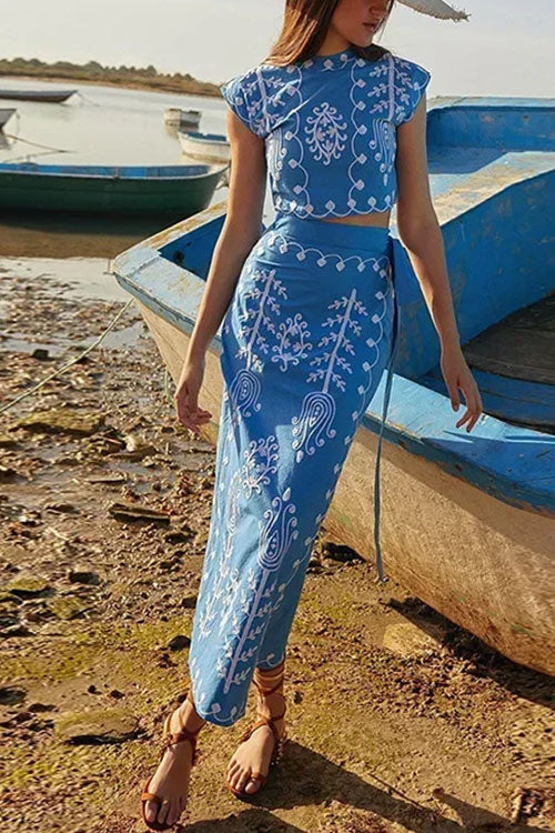 Printed Cap Sleeves Crop Top Tie Waist Maxi Wrap Skirt Set