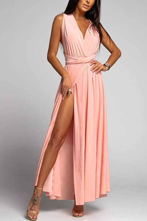 V Neck Sleeveless Back Criss Cross High Slit Maxi Party Dress