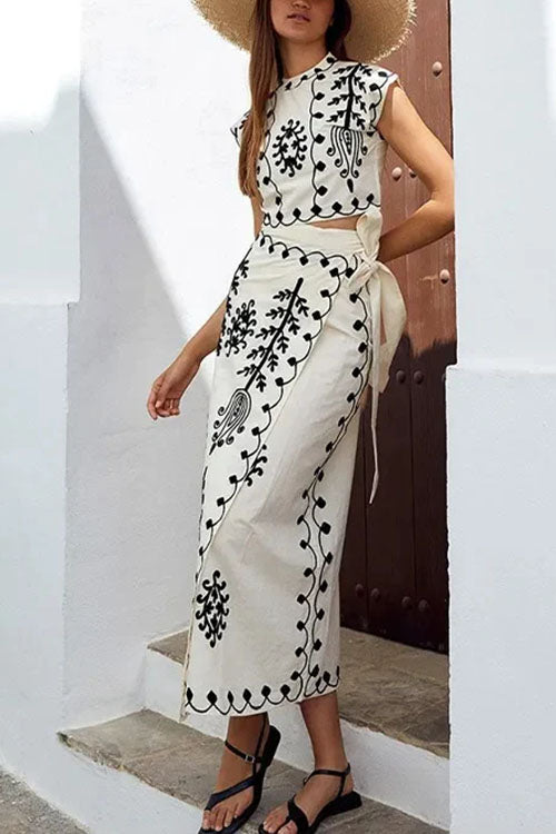 Printed Cap Sleeves Crop Top Tie Waist Maxi Wrap Skirt Set